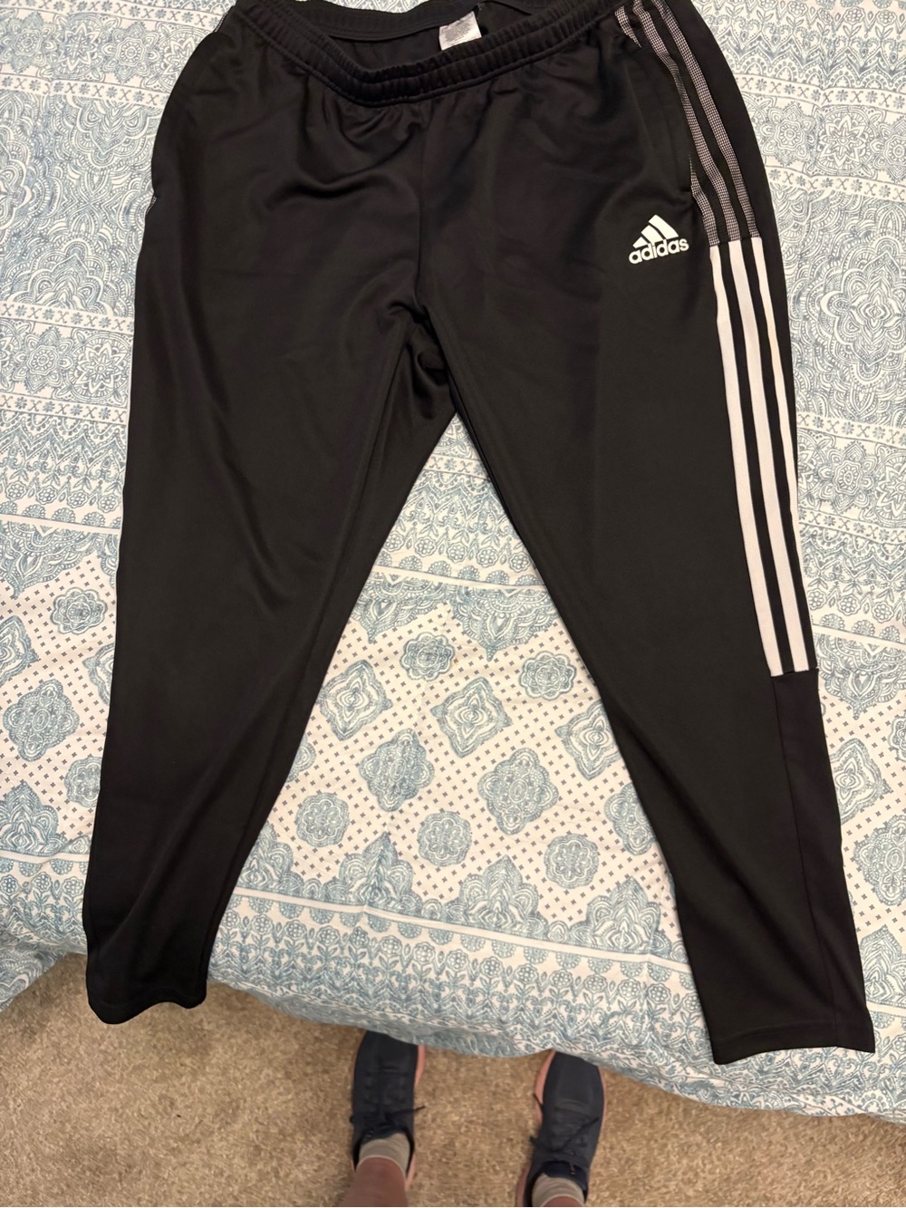 adidas Black Jogger Sweatpants with White Side Stripes and zipper ankles